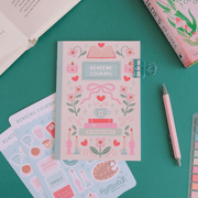 Reading Journal flat lay with stickers, pen and books