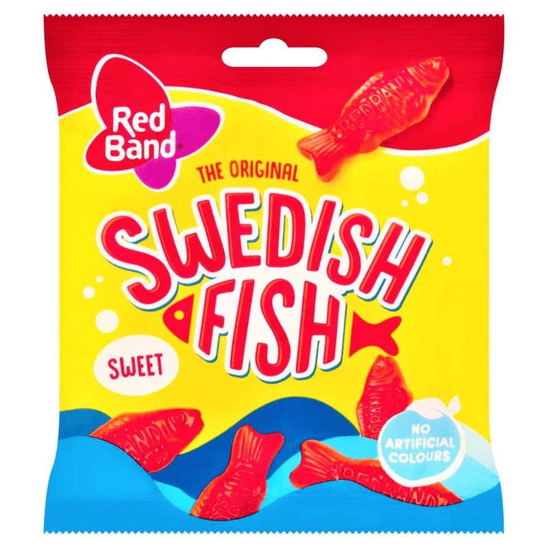 Red Band Swedish Fish chewy fruity sweets 100g packaging close-up