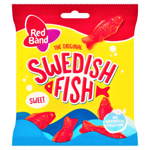 Red Band Swedish Fish chewy fruity sweets 100g packaging close-up