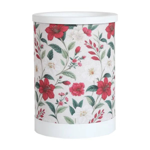 Red floral electric wax melt burner with a wraparound botanical pattern and white top and base.