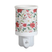 Red floral plug in wax melt burner with a wraparound botanical pattern and an on/off switch on the plug base.