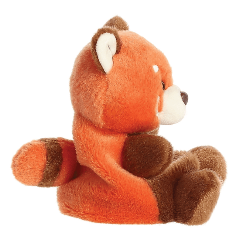 Side view of Palm Pals Rei Red Panda soft toy with striped tail