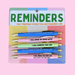 Reminders pen set with five black ink ballpoint pens featuring rude motivational quotes in colourful pastel designs