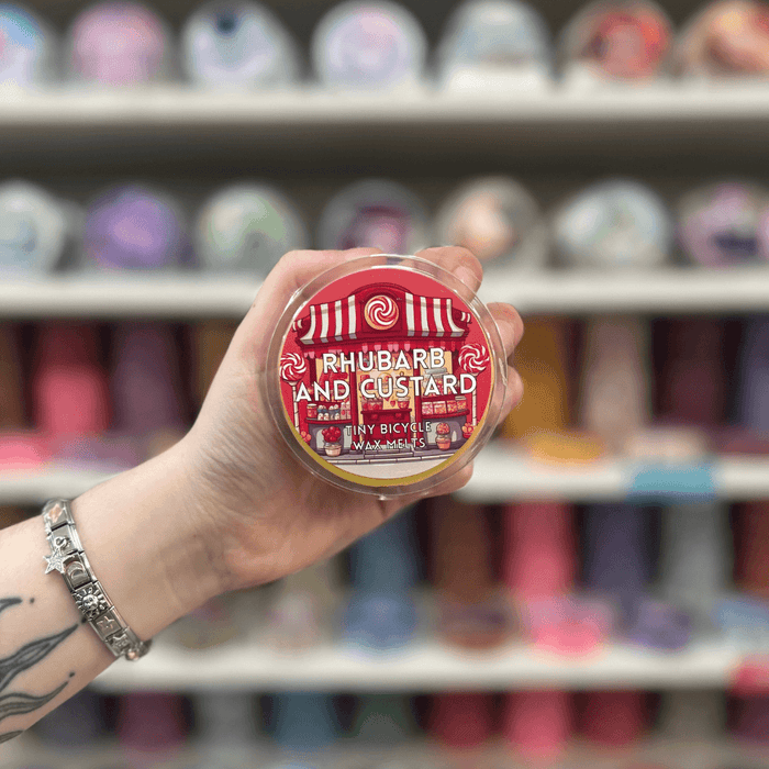 Rhubarb and Custard wax melt pot with sweet shop label