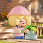 RiCO wearing pink mushroom hat chatting with Mayo plant in glass vase

