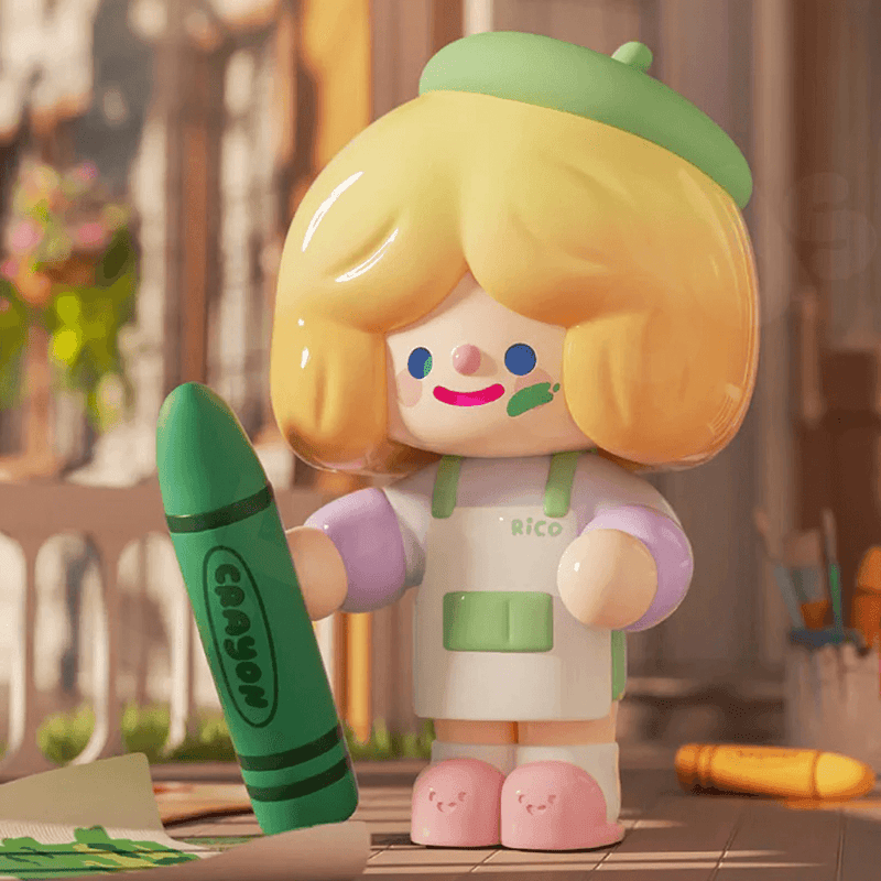 RiCO’s Creat Time figure in artist apron holding an oversized green crayon
