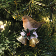 Robin ornament with holly and gold bells hanging on a Christmas tree, 6.5cm.

