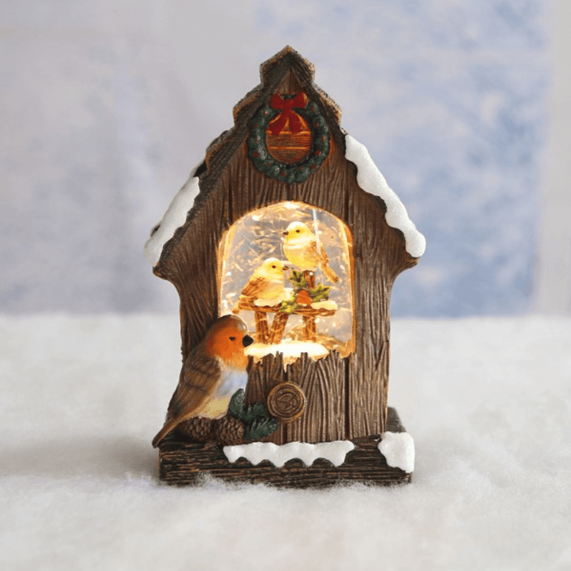 Robin birdhouse LED Christmas water spinner 16.5cm with snowy festive scene