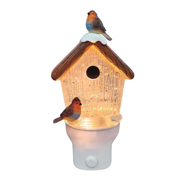 Front view of a 16.5cm robin birdhouse plug-in LED night light with warm glow and glitter spinner, white background.