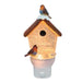 Front view of a 16.5cm robin birdhouse plug-in LED night light with warm glow and glitter spinner, white background.