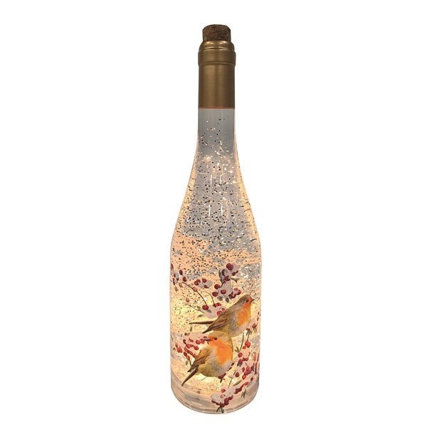 30cm bottle-shaped LED water spinner with robin and berry design, warm glow on white background.