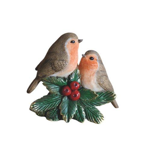 Two robins with holly leaves and berries, 8.5cm freestanding Christmas ornament.

