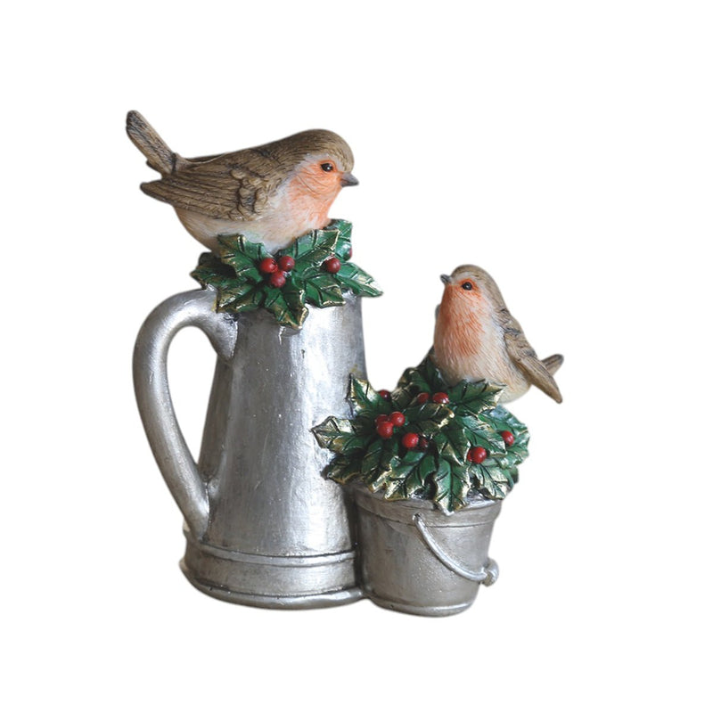 Two robins on watering can and bucket with holly berries, 10 x 11cm ornament.

