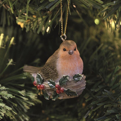 4.5cm robin hanging decoration in a holly nest with berries