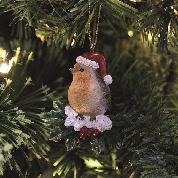 7cm robin hanging Christmas tree decoration with Santa hat

