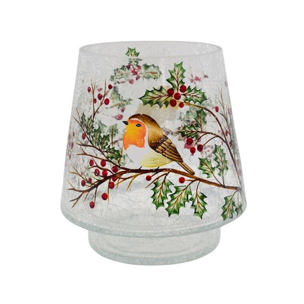 18cm crackle glass candle holder with robin and holly, snowy base

