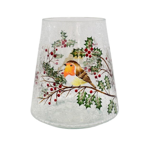 22cm crackle glass candle holder with robin and holly, snowy base


