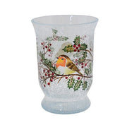 15cm crackle glass hurricane with robin and holly, snowy base


