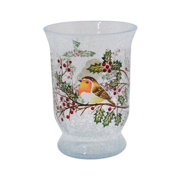 15cm crackle glass hurricane with robin and holly, snowy base

