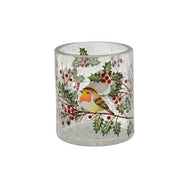 7cm crackle glass tealight holder with robin and holly design


