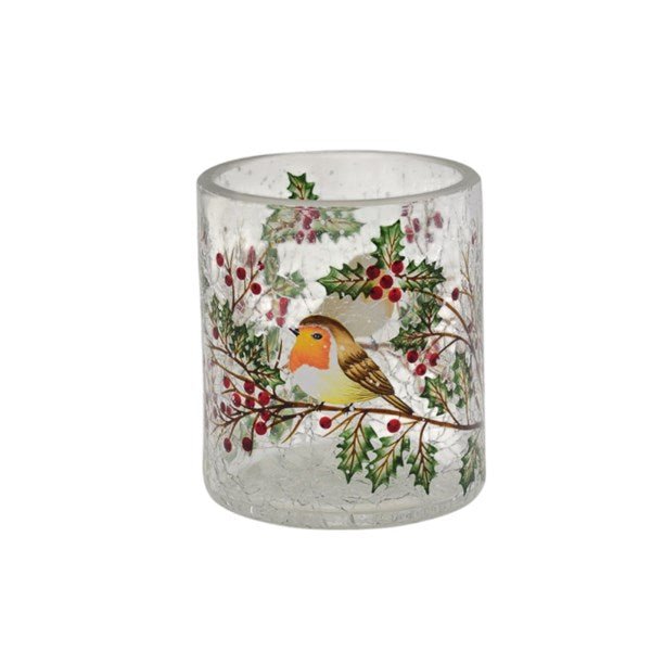 7cm crackle glass tealight holder with robin and holly design

