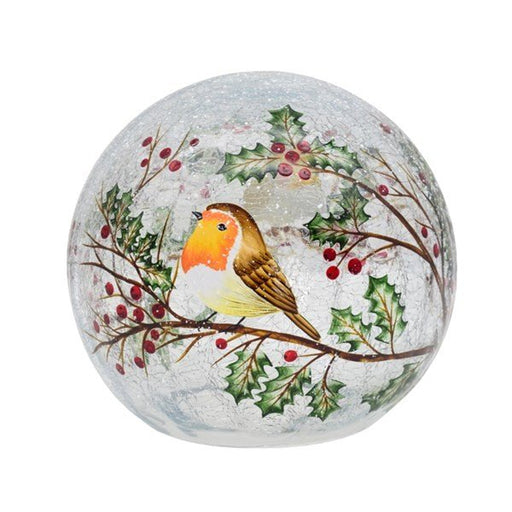 14cm LED crackle glass ball with robin and holly design

