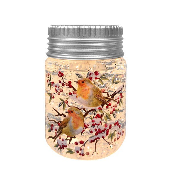 14cm jar-shaped LED water spinner with robins and red berries, silver lid, warm glow on white background.