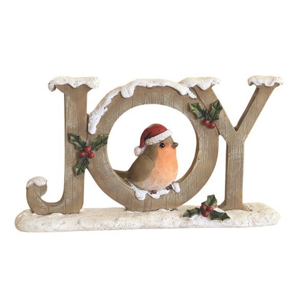 Robin in Santa hat inside a snowy JOY sign with holly, 14.5cm