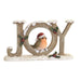 Robin in Santa hat inside a snowy JOY sign with holly, 14.5cm