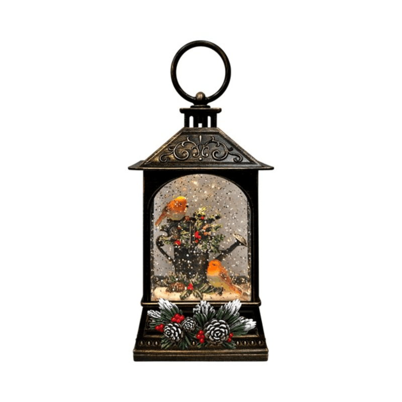Illuminated robin lantern water spinner with swirling glitter and festive greenery