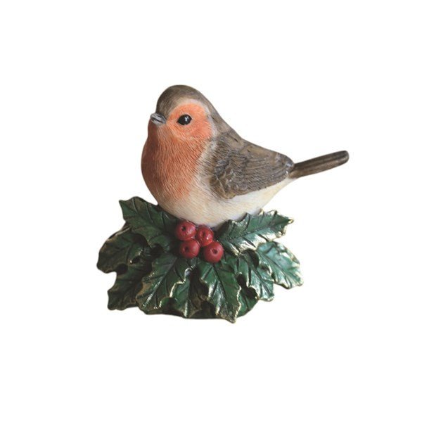 Small robin ornament perched on holly with red berries, 7cm

