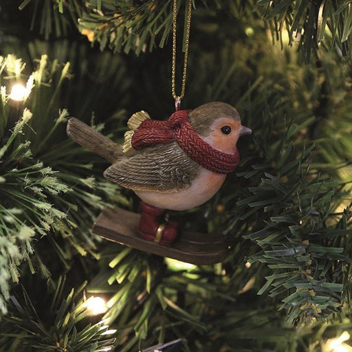6cm robin on skis hanging Christmas ornament with red scarf

