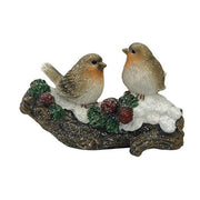 Two robins on a snowy branch with red berries, 14 x 9.5cm freestanding Christmas figurine on white background.