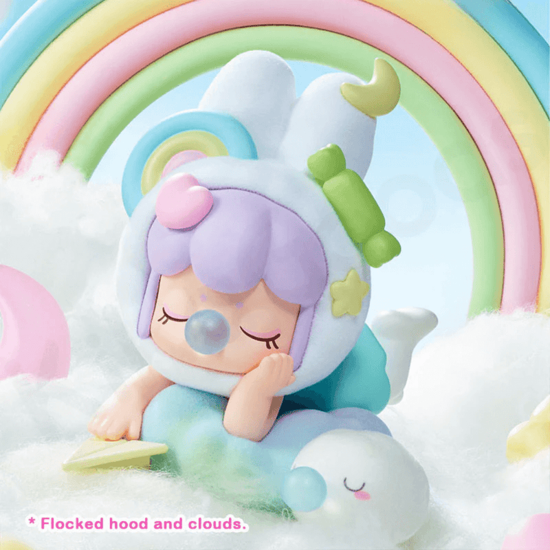Rolife Fluffy Cloud mini figure with flocked hood resting on clouds.