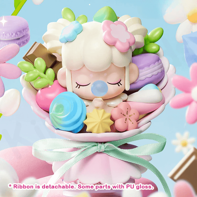 Rolife Nanci Sweet Time hidden Bouquet figure with pastel sweets and flowers, detachable ribbon, collectible blind box.