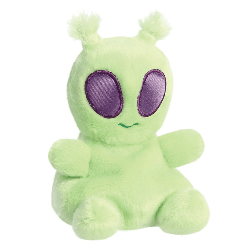 Angled view of Palm Pals Ross Alien green plush with large purple eyes