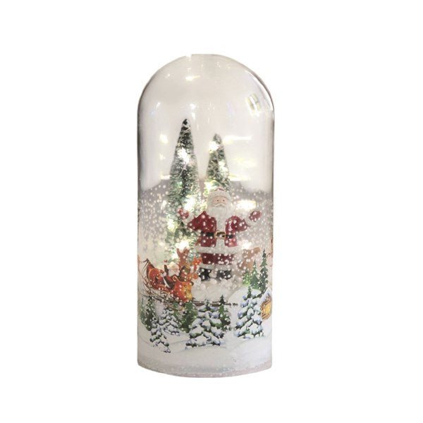 Rotating Santa scene glass dome light, 21cm, glowing on tabletop.