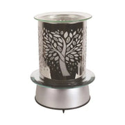 Unlit rotating wax melt burner with silver base and glass dish

