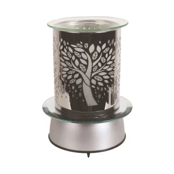 Unlit rotating wax melt burner with silver base and glass dish

