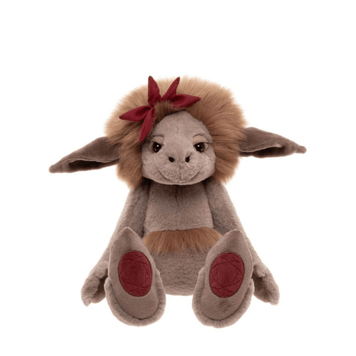 Ruby Roo Bearhouse by Charlie Bears crystal troll plush toy, front view on white background with soft tan mane and red crystal foot pads