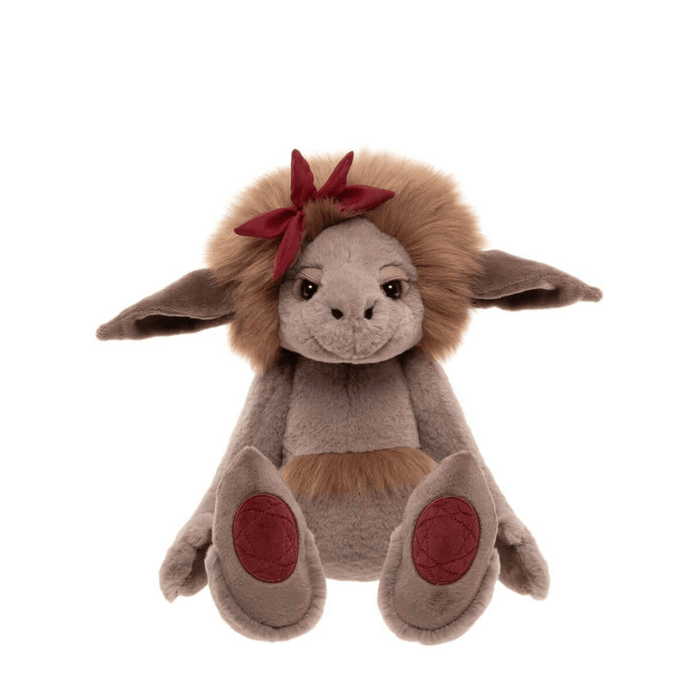 Ruby Roo Bearhouse by Charlie Bears crystal troll plush toy, front view on white background with soft tan mane and red crystal foot pads