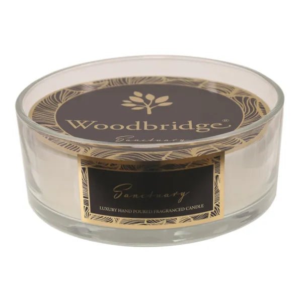 Woodbridge Sanctuary five wick candle bowl with black and gold packaging
