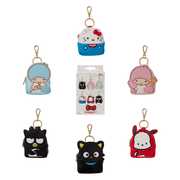 Six Loungefly Sanrio mystery mini backpack keychain charm designs and packaging