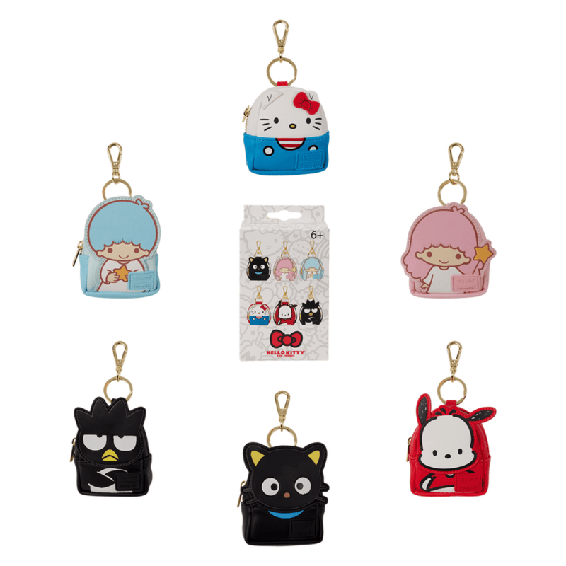 Six Loungefly Sanrio mystery mini backpack keychain charm designs and packaging