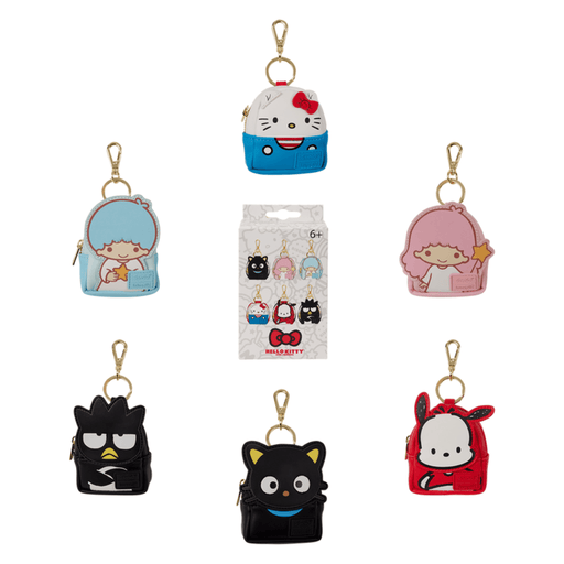 Six Loungefly Sanrio mystery mini backpack keychain charm designs and packaging