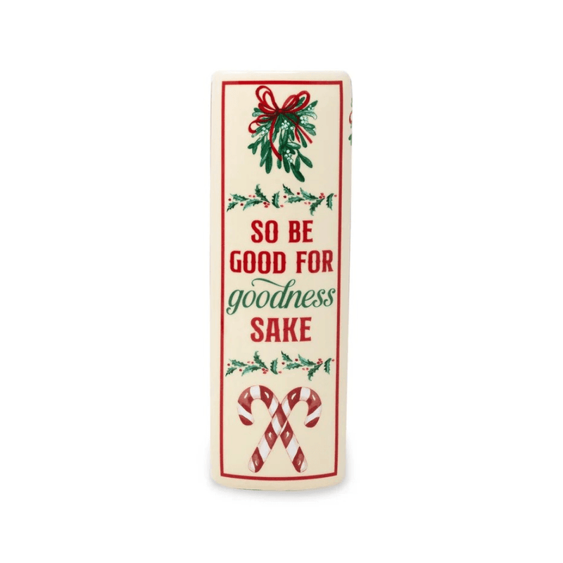 Decorative spine of Santa Christmas book vase with So Be Good for Goodness Sake lettering, mistletoe and candy canes