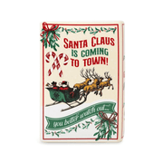 Back of Santa ceramic book vase with Santa Claus Is Coming to Town lettering, flying reindeer and green sleigh