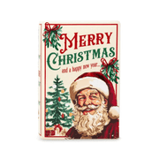 Santa Is Coming to Town large ceramic book vase with Father Christmas, decorated Christmas tree and Merry Christmas lettering