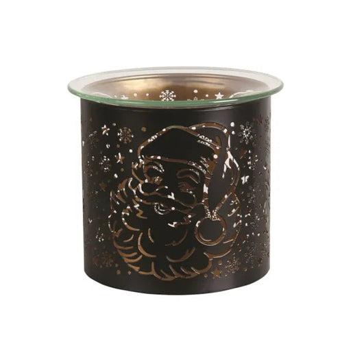 Unlit black and gold Santa silhouette tealight wax melter with glass dish on top