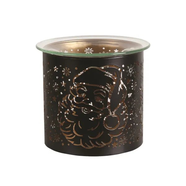 Unlit black and gold Santa silhouette tealight wax melter with glass dish on top